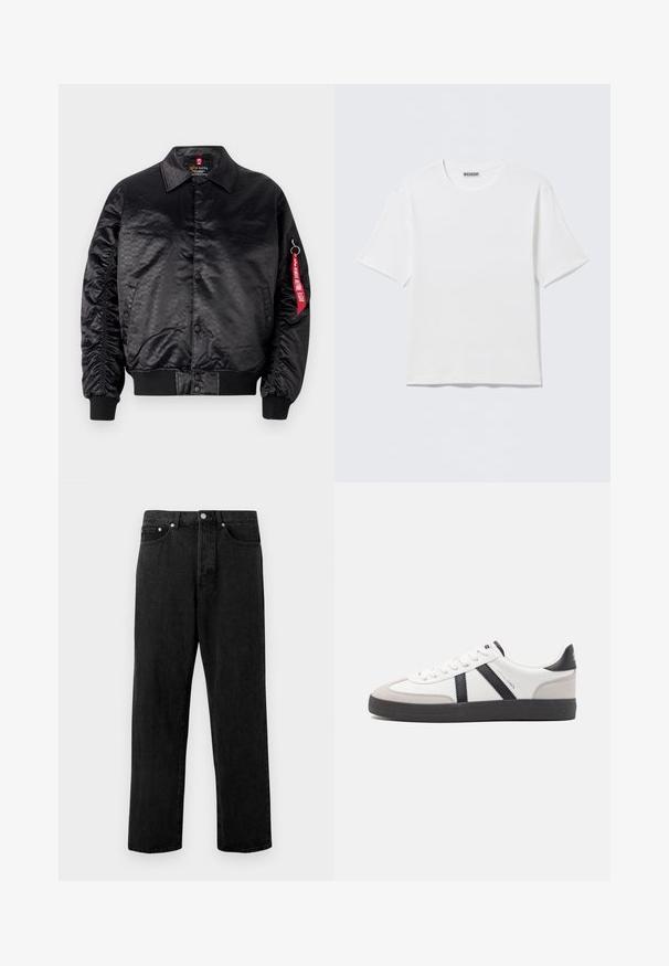 Chaqueta bomber negra con un acabado satinado suave, que presenta un sutil patrón de logotipos, puños acanalados y una etiqueta de tela roja en la manga.; Camiseta blanca lisa de manga corta con cuello redondo y una pequeña etiqueta "WEEKDAY" en el interior del cuello trasero, mostrada sobre una superficie plana.; Jeans de mezclilla negra con un diseño de pierna recta, que cuentan con cinco bolsillos, cierre de botón de metal y un leve desgaste en la tela.; Zapatilla blanca con acentos en negro y gris, que presenta una puntera texturizada en gris, suela de goma negra y cordones planos blancos. Diseño limpio, estilo minimalista.