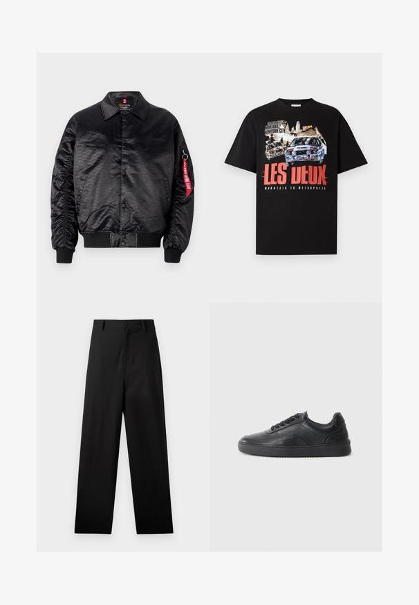 Sort bomberjakke med en glat satinfinish, der har et diskret logo-mønster, ribbede manchetter og et rødt stofmærke på ærmet.; Sort bomuld T-shirt med grafisk print af biler og bjerge med "LES DEUX" i fed rød tekst og hvidt bogstavtryk, afslappet pasform.; Sorte bukser lavet af bomuld med lige ben-design, der har en frontknaplukning og sidelommer. Glat tekstur, ingen mønstre.; Sorte lædersneakers med en glat finish, rund tå, struktureret sidelæder og sorte snørebånd. Har en flad gummisål og et minimalistisk design.