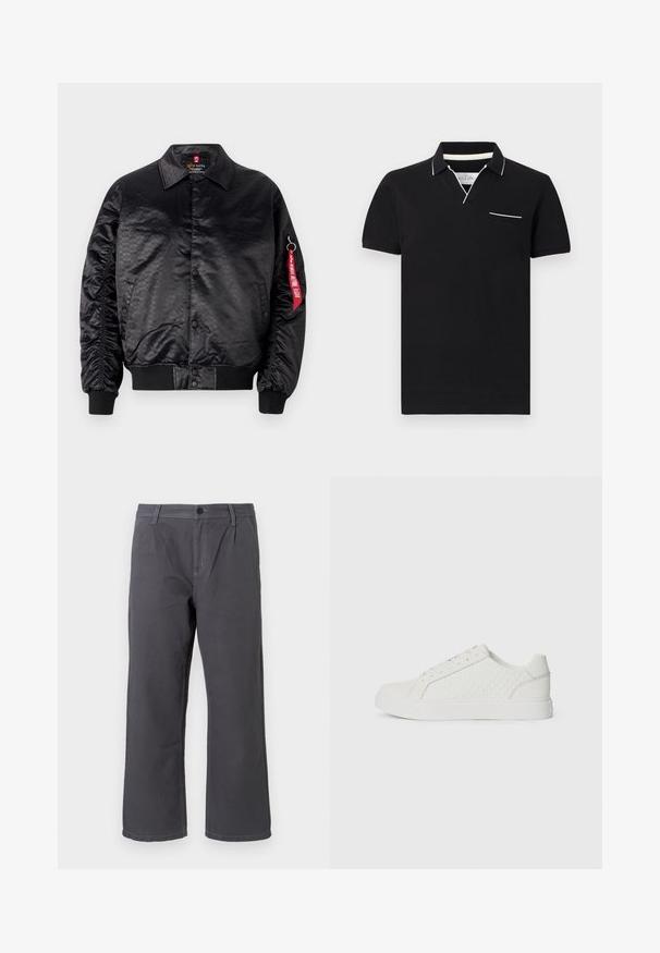 Sort bomberjakke med en glat satinfinish, der har et diskret logo-mønster, ribbede manchetter og et rødt stofmærke på ærmet.; Sort kortærmet polo-shirt med hvide kanter på krave, ærmekanter og et lille brystlommeåbning.; Mørkegrå bomuldsbukser med lige ben, forsynet med frontknaplukning og dekorativ syning. Har sidelommer og casual pasform.; Hvide sneakers med et tekstureret quilted design på siden, glat overdel, rund tå og hvid gummisål. Seks øjer til snørebånd.