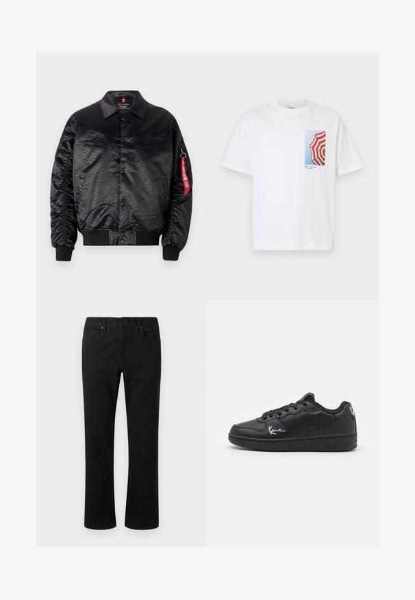 Chaqueta bomber negra con un acabado satinado suave, que presenta un sutil patrón de logotipos, puños acanalados y una etiqueta de tela roja en la manga.; Camiseta blanca con una foto de un paraguas a rayas rojas y blancas contra un cielo azul, con el texto "BUENOS TIEMPOS Y RAYAS DE BRONCEADO" debajo.; Pantalones negros de corte recto con cierre de botón y cremallera, trabillas para cinturón y bolsillos delanteros, exhibidos sobre un fondo claro y sencillo.; Zapatillas negras hechas de material sintético, con un diseño perforado, cordones planos, suela de goma y acentos blancos de la marca.