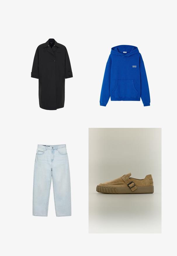Lang zwart jasje gemaakt van een glad, waterafstotend materiaal. Heeft een dubbelknops ontwerp, grote zakken en oprolbare mouwen.; Blauwe capuchontrui met voorzak en "American Vintage" tekstlogo op de linkerborst, gefotografeerd op een witte achtergrond.; Lichtblauwe high-waist baggy jeans met voorzakken en knoopsluiting, getoond op een witte achtergrond.; Lichtbruine suède instapschoen met dikke rubberen zool en zwarte gespsluiting over de bovenkant, zijaanzicht op effen achtergrond.