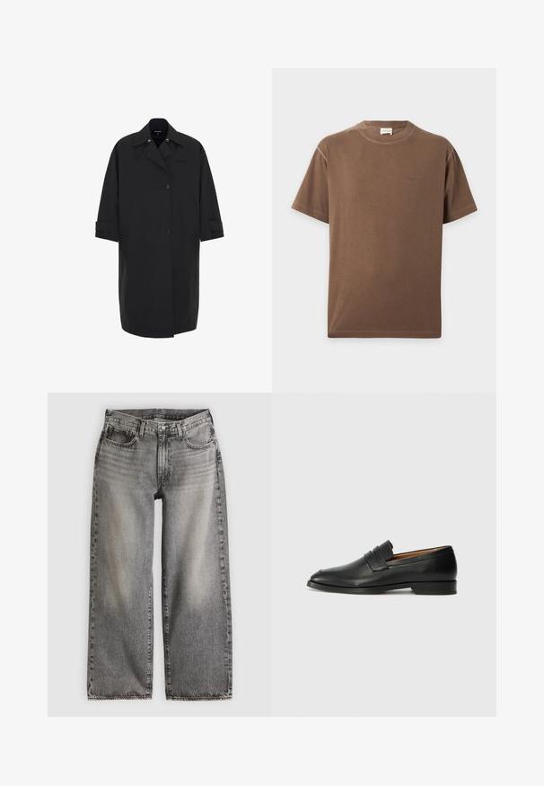 Lang sort frakke lavet af glat, vandafvisende materiale. Har et dobbeltbrystet design, store lommer og opdbare ærmer.; Brun T-shirt med korte ærmer og rund hals med en lille, diskret logo på brystet og en stoflabel inde i kraven.; Vidbenede jeans i falmet sort denim, med høj talje, fem lommer og diskrete syningsdetaljer langs sømmene.; Sort læder loafer med rund tå, diskret syning, og lav hæl, der har en glat tekstur og minimalistisk design.