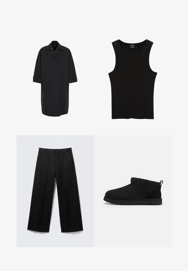 Langer schwarzer Mantel aus glattem, wasserabweisendem Material. Verfügt über ein doppelreihiges Design, große Taschen und umgeschlagene Säume.; Schwarzes, geripptes Tanktop mit rundem Halsausschnitt und weiten Armausschnitten, aus einem weichen, dehnbaren Stoff. Marke: Pull&Bear.; Schwarze Hosen mit weitem Bein, Gürtelschlaufen, Vordertaschen und Reißverschluss, auf einem hellgrauen Hintergrund präsentiert.; Schwarze Wildleder-Stiefeletten mit einem weichen, strukturierten Innenfutter, einer flachen Gummisohle und einer Zugschlaufe auf der Rückseite für ein einfaches Anziehen.