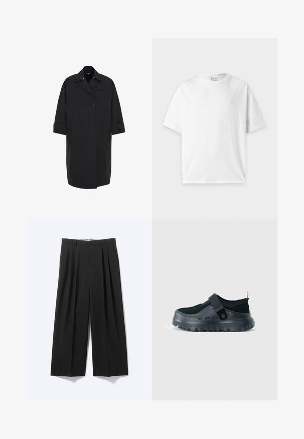 Lang zwart jasje gemaakt van een glad, waterafstotend materiaal. Heeft een dubbelknops ontwerp, grote zakken en oprolbare mouwen.; Effen witte T-shirt met korte mouwen en ronde hals, plat gelegd op een lichtgrijze achtergrond.; Zwarte wijde broek met voorplooien, riemlussen en knoopsluiting, weergegeven op een effen lichte achtergrond.; Zwarte instapschoen met dikke, geribbelde zool, verstelbare band over de bovenzijde en trekkoord aan de hiel.