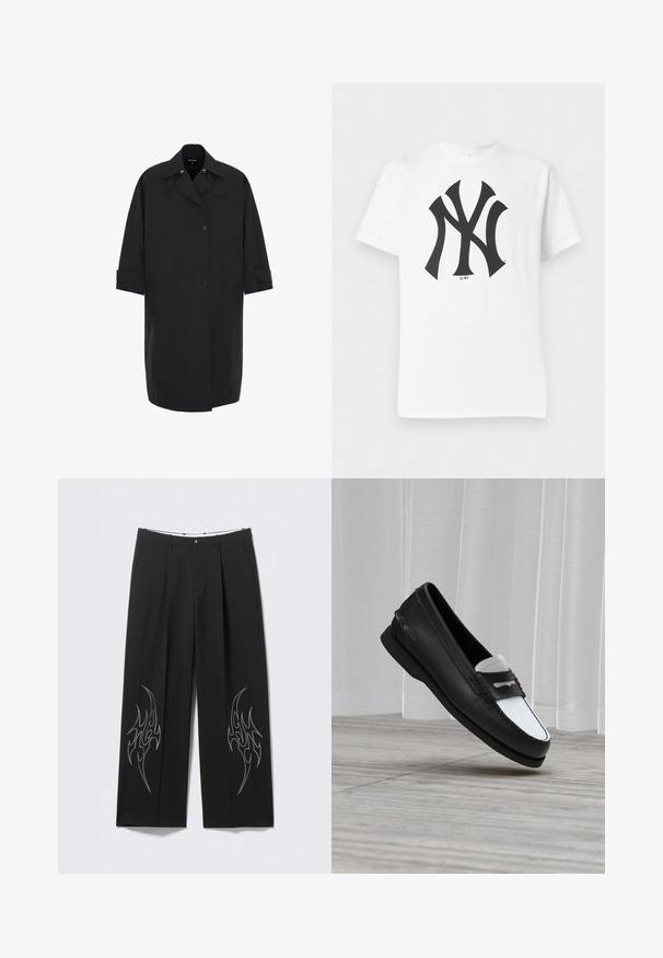 Lang sort frakke lavet af glat, vandafvisende materiale. Har et dobbeltbrystet design, store lommer og opdbare ærmer.; Hvid T-shirt med korte ærmer og stort sort stiliseret "NY" logo centreret foran.; Sorte, skræddersyede bukser med vidde i benene og sølvflammebroderi på underbenene, med en flad front og plisseret design.; Sort og hvid læderloafer med moc-tå-syning og dekorativ rem, vist flydende over lyst trægulv og gennemsigtige gardiner.