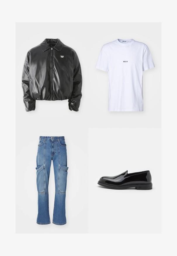 Chaqueta bomber de imitación cuero negra con cremallera frontal, parche de logo en el pecho, dobladillo y puños elásticos, y cuello clásico sobre fondo blanco.; Camiseta blanca de algodón con escote redondo, mangas cortas y un pequeño logo negro "MSGM" impreso en el frente. Textura suave.; Pantalones cargo de mezclilla en azul claro con cintura alta, múltiples bolsillos laterales y piernas acampanadas, con costuras en contraste y cierre de cremallera.; Zapato de charol negro tipo slip-on con punta redondeada, presenta una suela texturizada y un sutil logotipo en el tacón. Acabado de superficie suave.