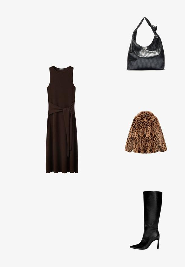 Leopardprint nepbontjas met een gestructureerd, fluffy exterieur, in bruine en tan kleurenschema, voorzien van een gekartelde kraag en zonder zichtbare sluitingen.; Mouwloze donkerbruine midi-jurk met ronde hals en aangehechte stoffen ceintuur gestrikt in de taille, weergegeven op een witte achtergrond.; Zwart leren laars tot de knie met een spitse neus, hoge stilettohak, een gladde afwerking en een eenvoudig, slank ontwerp zonder versieringen.; Zwarte geweven lederen handtas met een slouchy ontwerp, voorzien van een geknoopte schouderband en een kleine decoratieve gouden stud aan de bovenkant.