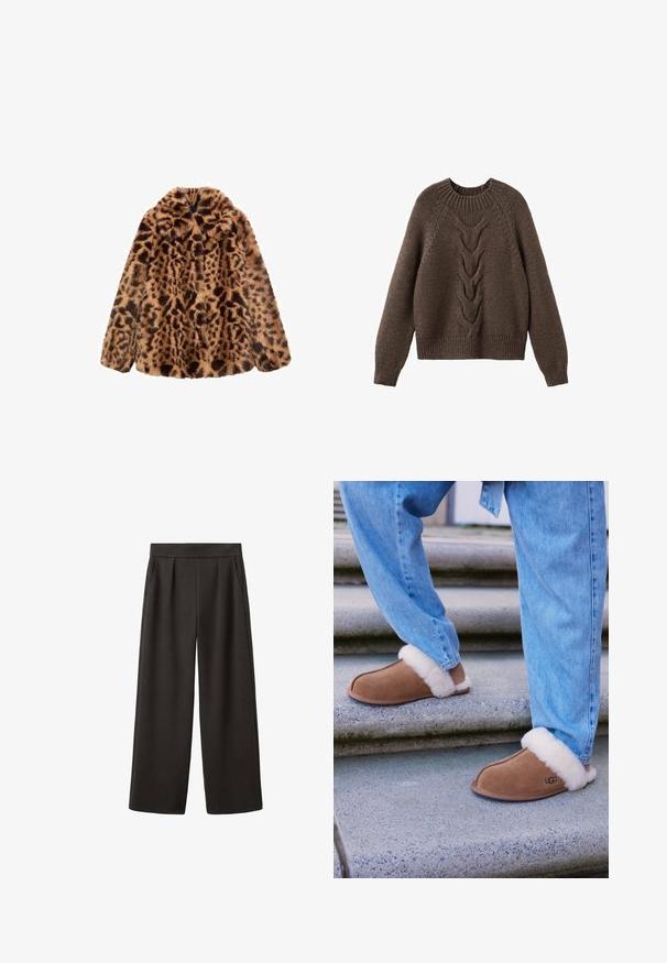 Leopardprint nepbontjas met een gestructureerd, fluffy exterieur, in bruine en tan kleurenschema, voorzien van een gekartelde kraag en zonder zichtbare sluitingen.; Bruin gebreid sweater met een ronde halslijn, lange mouwen en een kabelbrei ontwerp dat over de voorkant loopt. Geribbelde zoom en manchetten.; Zwarte wijde broek met een gladde textuur, geplooide voorkant en twee zijzakken, voorzien van een aansluitende tailleband.; Bruine suede pantoffels met witte faux bont voering, ronde neus en rubberen zool, gecombineerd met een blauwe spijkerbroek op granieten trappen.