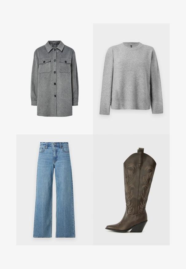 Graue, knöpfbare Shirtjacke aus weichem Wollmix, mit klassischem Kragen, zwei Brusttaschen und schwarzen Knöpfen.; Grauer gestrickter Pullover mit Rundhalsausschnitt, geripptem Saum und seitlichen Knöpfen als Detail. Weiche Textur und lockere Passform.; Hellblaue, weite Jeans aus Denim mit hoher Taille, kontrastierenden Nähten und einem Fünf-Taschen-Design sowie einem Knopfverschluss.; Braune Leder-Cowboystiefel mit einer spitzen Zehe, Wedge-Absatz und dekorativer Stickerei. Besitzt einen hohen Schaft und eine Zuglasche.