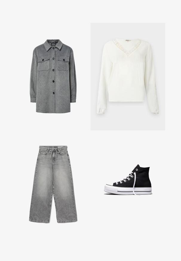 Grijze, knoopsluiting overhemdjack gemaakt van een zachte wolmix, met een klassieke kraag, twee borstzakken en zwarte knopen.; Witte blouse met lange mouwen en een V-hals met kanten rand, gestructureerde stof en elastische manchetten.; Grijze denim jeans met wijde pijpen, een verfomfaaide afwerking, een trekkoord in de taille en een traditioneel vijfvakdesign, met zichtbare stikdetails.; Zwarte hooggesloten canvas sneaker met witte rubberen zool en witte veters, zijwaarts weergegeven op een witte achtergrond.
