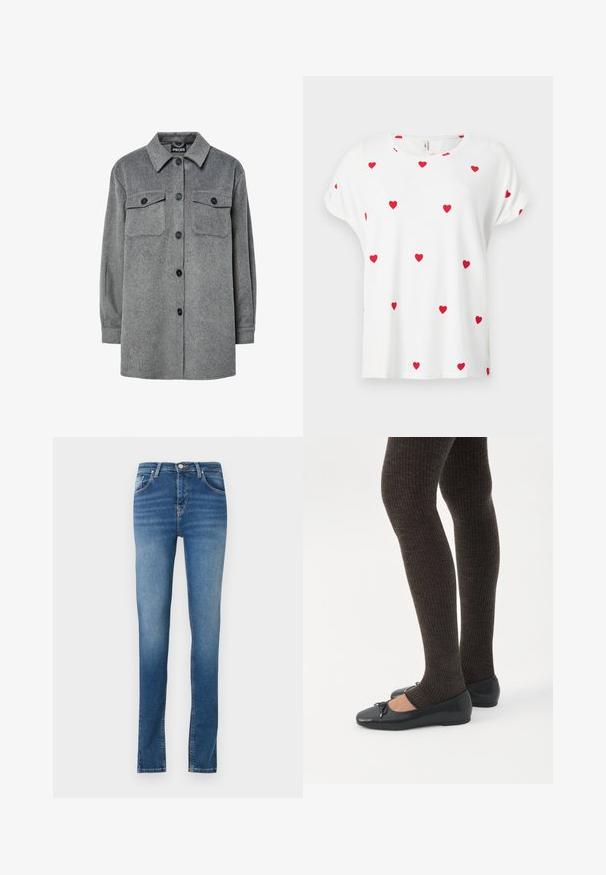 Grijze, knoopsluiting overhemdjack gemaakt van een zachte wolmix, met een klassieke kraag, twee borstzakken en zwarte knopen.; Wit shirt met korte mouwen en ronde hals, versierd met gelijkmatig verspreide kleine rode hartjes op de voorkant en mouwen.; Vervagende blauwe denim jeans met een rechte pasvorm. Voorzien van een knoop- en ritssluiting, vijf zakken en minimale stikseldetails.; Benen met donkere geribbelde leggings gecombineerd met zwarte ballerina's met kleine strikdetails op een witte achtergrond.