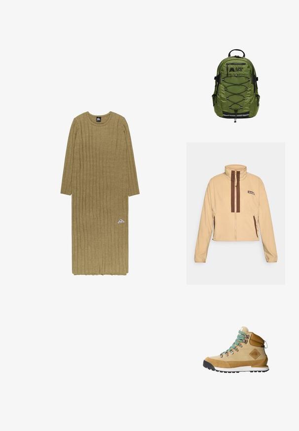 Beige fleece jack met hoge kraag, voorzien van bruine verticale strepen en een ritssluiting, afgewerkt met zijzakken en een logopatch.; Lang, geribbelde, olijfgroene jurk van gestructureerde brei-d stof, met een ronde halslijn en een klein logo aan de onderzijde.; Tan wandelschoen met een bovenwerk van suede en canvas, turquoise veters, een gevoerde kraag en een zwarte rubberen zool met een geprofileerd grippatroon.; Olijfgroene rugzak met een gestructureerde afwerking, voorzien van zwarte accenten, een verstelbaar bungeekoord, meerdere ritsen en zijzakken.