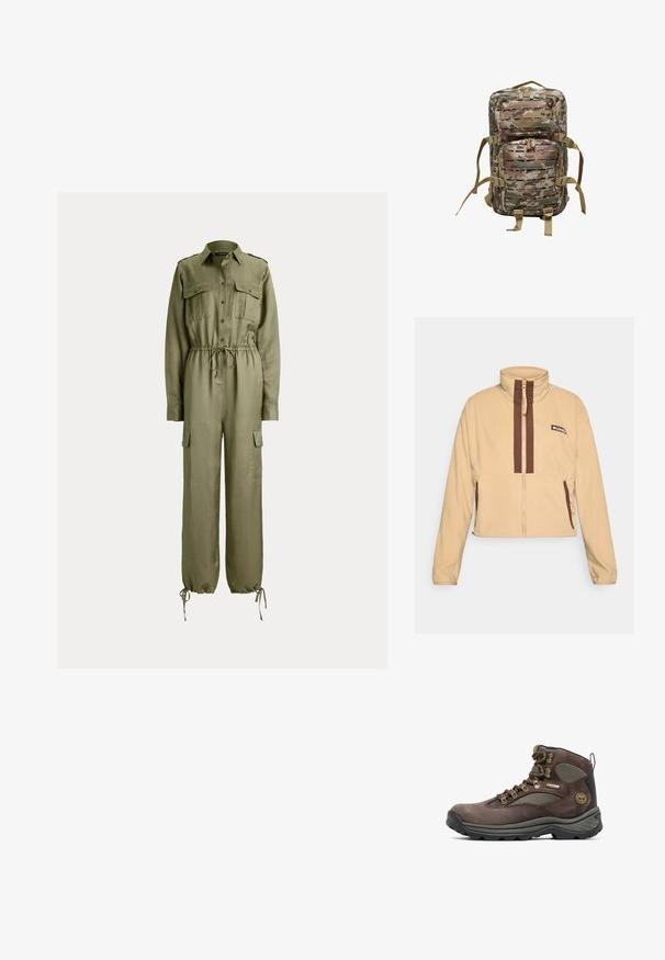Beige Fleecejacke mit hohem Kragen, ausgestattet mit braunen vertikalen Streifen und einem Reißverschluss, abgerundet mit seitlichen Taschen und einem Logopatch.; Olivgrüner Overall mit langen Ärmeln, Knopfleiste vorne, Brust- und Oberschenkeltaschen mit Klappe, verstellbarer Taille und Kordelzugbündchen an den Knöcheln.; Braune Wanderschuhe mit Obermaterial aus Leder und Mesh, Gummisohle, Metallösen und einem Markenpatch. Entwickelt für Langlebigkeit und Unterstützung.; Tarnfarben-Rucksack aus robustem Stoff, mit mehreren Taschen, verstellbaren Trägern und einem gepolsterten Rücken für Komfort.