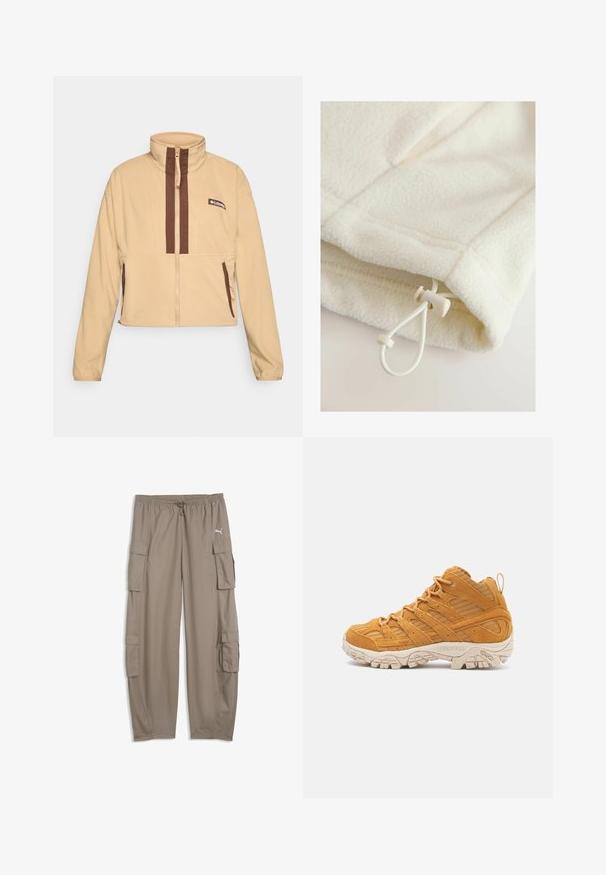 Beige fleece jack met hoge kraag, voorzien van bruine verticale strepen en een ritssluiting, afgewerkt met zijzakken en een logopatch.; Fleece kledingstuk in off-white met een zachte textuur, voorzien van een touwtje met schuifknop voor verstelbaarheid aan de zoom.; Lichtbruine, losse cargobroek met trekkoord in de taille en klepzakken op elke pijp, met een klein wit Puma-logo aan de rechterkant.; Hoge wandelschoen in mosterdgeel suede, met textuur overlays, een verstevigde neuskap en een crème-kleurige rubberen outsole.