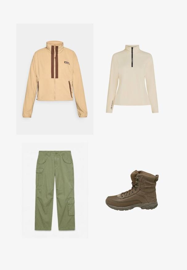 Beige Fleecejacke mit hohem Kragen, ausgestattet mit braunen vertikalen Streifen und einem Reißverschluss, abgerundet mit seitlichen Taschen und einem Logopatch.; Beiger Fleece-Pullover mit hohem Kragen, halbseitigem Reißverschluss und schwarzem, gebrandetem Reißverschluss. Mit "Polartec"-Logo am Ärmel. Glatte Textur.; Olivgrüne Cargohose mit mehreren Klapptaschen, Knopfverschluss, Gürtelschlaufen und entspannten, geraden Beinen vor einem schlichten weißen Hintergrund.; Braune Wanderschuhe aus Mesh- und Wildledermaterialien, mit verstärkter Zehenkappe und Schnürdesign. Sie verfügen über einen gepolsterten Schaft und eine strukturierte Sohle für besseren Halt.