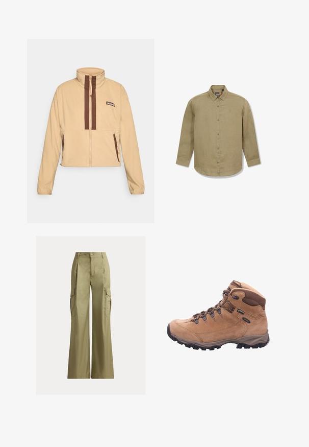 Chaqueta de forro polar beige con cuello alto, con rayas verticales marrones y cierre de cremallera, acentuada con bolsillos laterales y un parche con el logo.; Camisa beige de manga larga con botones y cuello, logo de Timberland en el pecho y puños con botones, mostrada sobre fondo blanco.; Pantalones cargo de pierna ancha color caqui con tiro alto, cierre de botón y cremallera, y bolsillos con solapa a cada lado.; Bota de senderismo marrón hecha de ante y material sintético, con un tobillo alto, cordones en la parte delantera y suela de goma con tacos profundos para mayor tracción.