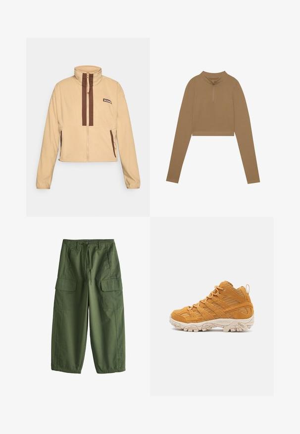 Chaqueta de forro polar beige con cuello alto, con rayas verticales marrones y cierre de cremallera, acentuada con bolsillos laterales y un parche con el logo.; Top marrón, de manga larga recortada con cuello alto y media cremallera. Confeccionado en una tela texturizada, cuenta con mangas ajustadas y detalles de diseño mínimos.; Pantalones cargo verde oliva con cintura de cordón, trabillas para cinturón, bolsillos laterales y bolsillos con solapa en los muslos, ajuste holgado con puños elásticos.; Zapatilla de senderismo alta en gamuza amarilla mostaza, con superposiciones texturizadas, una puntera reforzada y una suela exterior de goma color crema.