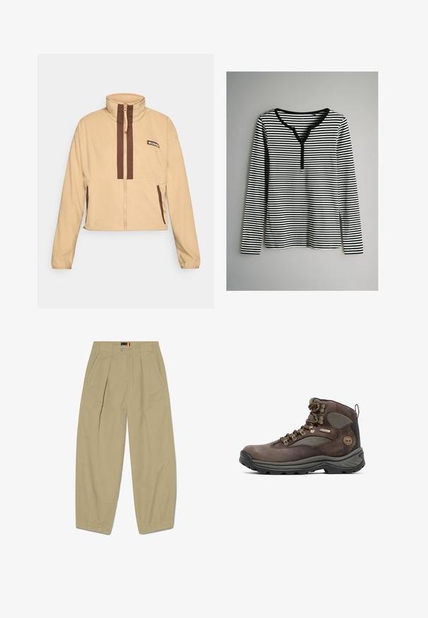 Beige fleece jack met hoge kraag, voorzien van bruine verticale strepen en een ritssluiting, afgewerkt met zijzakken en een logopatch.; Gestreepte longsleeve top in zwart en wit, met een V-hals en knoopdetails, ribbelstructuur en rechte zoom.; Beige broek met hoge taille, plooien, zijzakken, knoop- en ritssluiting, en brede taps toelopende pijpen.; Bruine wandelschoen met bovenwerk van leer en mesh, rubberen zool, metalen oogjes en een merkpatch. Ontworpen voor duurzaamheid en ondersteuning.