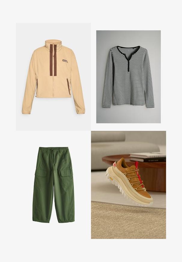 Beige fleece jakke med høj krave, der har brune lodrette striber og lynlås, pyntet med sidelommer og et logo-patch.; Langærmet stribet top i sort og hvid, med V-udskæring og knapdetaljer, ribbet tekstur og lige kant.; Grønne arbejdsbukser med vide ben, store sidelommer med klapper, bæltestropper og en foran snøre i taljen, lagt fladt på hvid baggrund.; Brun og beige vandresko med rød tunge trækkesnor, tyk hvid sål og snørebånd i rebstil, svævende over et vævet beige tæppe indendørs.