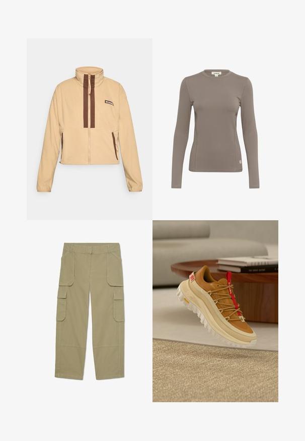 Chaqueta de forro polar beige con cuello alto, con rayas verticales marrones y cierre de cremallera, acentuada con bolsillos laterales y un parche con el logo.; Camiseta de manga larga en marrón claro, fabricada en tejido elástico. Presenta un escote redondo y costuras planas, con una pequeña etiqueta de logo en la parte inferior izquierda.; Pantalones cargo caqui con múltiples bolsillos con solapa en la parte delantera y los laterales, diseño de pierna recta y trabillas en la cintura.; Zapato de senderismo marrón y beige con lengüeta roja para tirar, suela blanca gruesa y cordones estilo cuerda, flotando sobre una alfombra beige tejida en el interior.