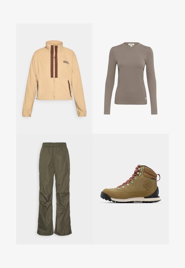 Beige Fleecejacke mit hohem Kragen, ausgestattet mit braunen vertikalen Streifen und einem Reißverschluss, abgerundet mit seitlichen Taschen und einem Logopatch.; Langärmliges Oberteil in Hellbraun, aus dehnbarem Stoff. Mit einem Rundhalsausschnitt und flachen Nähten, versehen mit einem kleinen Logotag am unteren linken Rand.; Even&Odd by Zalando Stoffhose - khaki; Braune Wanderstiefel mit roten Schnürsenkeln, Metallschlaufen, Lederakzenten und einer Gummisohle. Besitzt eine abgerundete Zehenpartie und einen gepolsterten Schaft.
