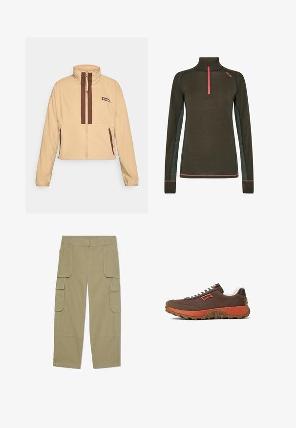 Beige fleece jakke med høj krave, der har brune lodrette striber og lynlås, pyntet med sidelommer og et logo-patch.; Olivengrøn undertrøje med halv lynlås krave, lyserød lynlåsdetalje, teksturerede grønne sidepaneler og kontrastsyet.; Khakifarvede cargobukser med flere klaplommer foran og på siderne, lige ben og bæltestropper i taljen.; Brune stof sneakers med hvide snørebånd, orange accenter og tekstureret brun gummisbund. Har et særpræget sideemblem.