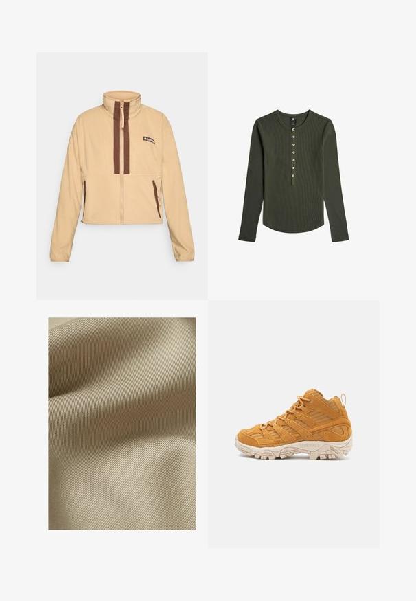 Beige Fleecejacke mit hohem Kragen, ausgestattet mit braunen vertikalen Streifen und einem Reißverschluss, abgerundet mit seitlichen Taschen und einem Logopatch.; Dunkelgrünes, geripptes Langarmshirt mit sieben Knöpfen vorne und rundem Ausschnitt, flach auf weißem Hintergrund liegend.; Beiger, strukturiertes Gewebe mit feinem, geripptem Muster. Das Material wirkt glatt mit einem subtilen Glanz und fällt sanft in Falten.; Hochformat-Wanderstiefel aus senfgelbem Wildleder, mit strukturierten Überzügen, einer verstärkten Zehenkappe und einer g creamfarbenen Gummisohle.