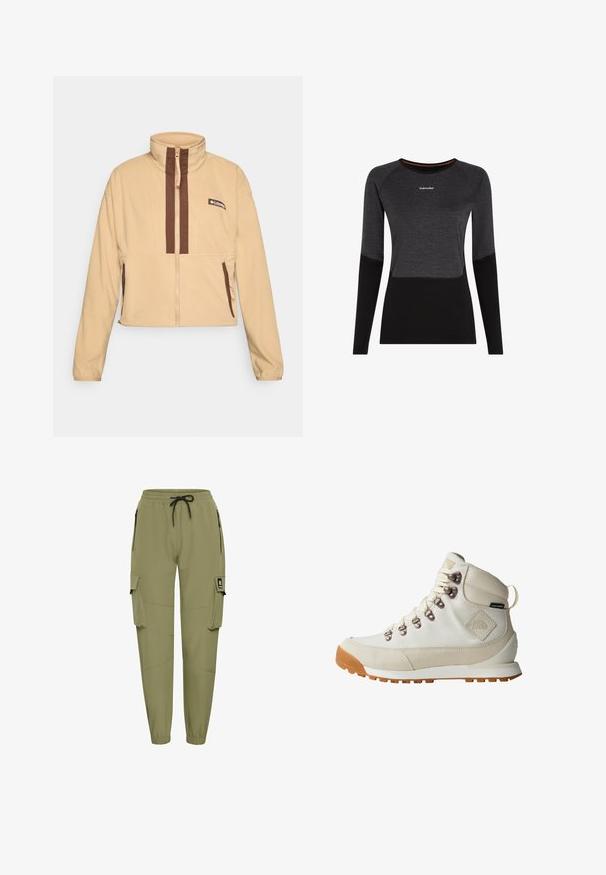 Beige Fleecejacke mit hohem Kragen, ausgestattet mit braunen vertikalen Streifen und einem Reißverschluss, abgerundet mit seitlichen Taschen und einem Logopatch.; Dunkelgraues und schwarzes Longsleeve-Damenhemd mit taillierter Passform, Rundhalsausschnitt und kleinem weißen "Icebreaker"-Logo auf der Brust.; Olivgrüne Cargo-Hosen mit elastischem Bund und verstellbarem Kordelzug. Verfügt über zwei seitliche Reißverschlusstaschen und zwei große Cargotaschen.; Weiße Wanderschuhe mit Obermaterial aus Wildleder und Stoff, mit Metallösen und einer auffälligen Gummisohle. Verfügt über Markenakzente und eine strukturierte Oberfläche.