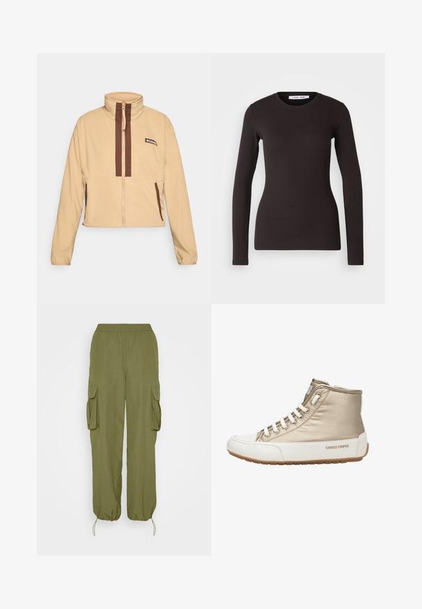 Chaqueta de forro polar beige con cuello alto, con rayas verticales marrones y cierre de cremallera, acentuada con bolsillos laterales y un parche con el logo.; Top negro de manga larga hecho de un tejido suave y elástico. Presenta un cuello redondo y un corte ajustado con una textura lisa y sin patrones visibles.; Pantalones cargo verde oliva con cintura elástica, dos bolsillos laterales cargo y puños ajustables con cordón. Hechos de una tela ligera y texturizada.; Zapatilla alta, tela metálica dorada, suela de goma blanca, diseño con cordones, logo impreso en la lengüeta y el lateral, superficie texturizada.