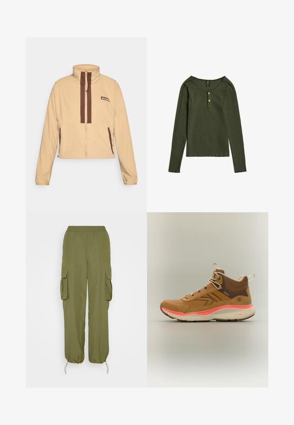 Beige Fleecejacke mit hohem Kragen, ausgestattet mit braunen vertikalen Streifen und einem Reißverschluss, abgerundet mit seitlichen Taschen und einem Logopatch.; Olivegrünes Langarm-Ripphemd mit rundem Ausschnitt und Zwei-Knopf-Leiste in der vorderen Mitte.; Olivgrüne Cargo-Hosen mit elastischem Bund, zwei seitlichen Cargo-Taschen und Kordelzugbündchen. Hergestellt aus leichtem, strukturiertem Stoff.; Brauner Wanderschuh mit hohem Schaft, beigen Schnürsenkeln, gepolstertem Knöchelkragen, korallenfarbener Zwischensohle und strukturierter Gummilaufsohle vor einfachem Hintergrund.