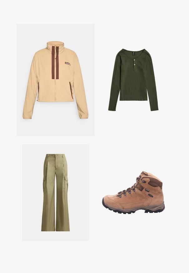 Beige fleece jack met hoge kraag, voorzien van bruine verticale strepen en een ritssluiting, afgewerkt met zijzakken en een logopatch.; Langarmig olijfgroen geribd shirt met ronde hals en twee knopen op het beleg middenvoor.; Khaki cargobroek met wijde pijpen, hoge taille, knoop- en ritssluiting en klepzakken aan beide zijden.; Tan wandelschoen gemaakt van suede en synthetisch materiaal, met een hoge enkel, vetersluiting aan de voorkant en een rubberen zool met diepe groeven voor grip.