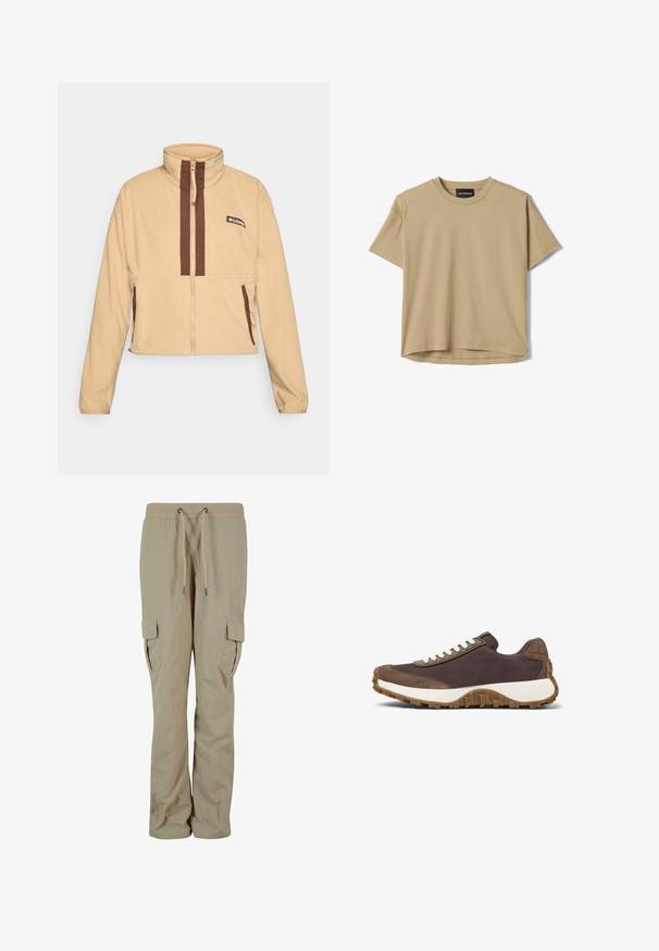 Chaqueta de forro polar beige con cuello alto, con rayas verticales marrones y cierre de cremallera, acentuada con bolsillos laterales y un parche con el logo.; Camiseta beige de manga corta con cuello redondo y dobladillo ligeramente curvado, presentada plana sobre un fondo blanco, la etiqueta dice "LES COPAINS."; Pantalones cargo beige hechos de tejido ligero, con una cintura ajustable, bolsillos laterales y un corte relajado para mayor comodidad.; Zapatilla marrón con cordones blancos, con parte superior texturizada y suela de goma resistente, presentada sobre un fondo blanco.
