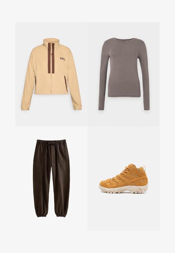 Beige fleece jack met hoge kraag, voorzien van bruine verticale strepen en een ritssluiting, afgewerkt met zijzakken en een logopatch.; Top met lange mouwen van een zachte, gedempte bruine stof, met een ronde halslijn en een aansluitend silhouet zonder extra patronen of accenten.; Bruine katoenen joggerbroek met elastische tailleband, trekkoord, voorzakken en elastische boorden bij de enkels.; Hoge wandelschoen in mosterdgeel suede, met textuur overlays, een verstevigde neuskap en een crème-kleurige rubberen outsole.