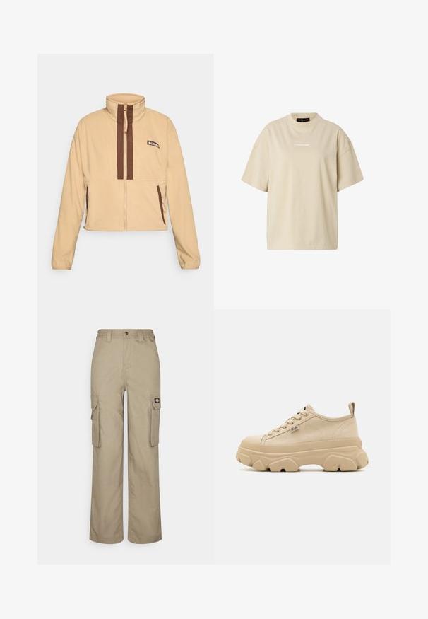 Chaqueta de forro polar beige con cuello alto, con rayas verticales marrones y cierre de cremallera, acentuada con bolsillos laterales y un parche con el logo.; Camiseta beige de manga corta oversize con cuello redondo y pequeño logo blanco "REGARD" centrado en el pecho.; Pantalones cargo beige hechos de un tejido duradero, con un corte relajado, múltiples bolsillos laterales y una cintura elástica con cierre de botón.; Zapatillas de lona beige con parte superior texturizada, suelas gruesas y diseño de cordones. Presenta una pestaña en el talón y un pequeño detalle de logo.