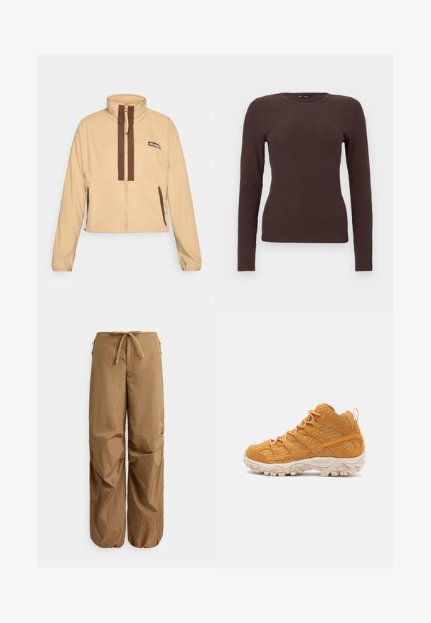 Beige fleece jakke med høj krave, der har brune lodrette striber og lynlås, pyntet med sidelommer og et logo-patch.; Brun ribstrikket langærmet tætsiddende bluse med rund hals og et lille GAP-mærke ved halsen, vist på en hvid baggrund.; Brune løstsiddende bukser med elastisk snørelukning i taljen, lynlåslommer i siden og elastiske manchetter ved anklerne.; Høje vandresko i sennepsgul ruskind, med strukturerede overlays, en forstærket tåhætte og en cremet gummisål.