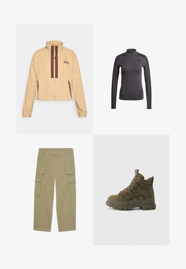 Chaqueta de forro polar beige con cuello alto, con rayas verticales marrones y cierre de cremallera, acentuada con bolsillos laterales y un parche con el logo.; Top gris de manga larga con un cuello alto, que presenta un tejido texturizado y franjas negras decorativas en los hombros, con un logo de Adidas en el pecho.; Pantalones cargo caqui con múltiples bolsillos con solapa en la parte delantera y los laterales, diseño de pierna recta y trabillas en la cintura.; Botas de tobillo de ante verde con suela de goma resistente, que presentan un diseño de cordones y acentos de camuflaje, ofreciendo un aspecto texturizado y deportivo.