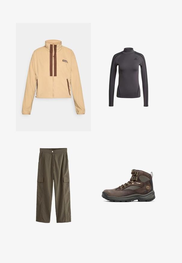 Beige fleece jakke med høj krave, der har brune lodrette striber og lynlås, pyntet med sidelommer og et logo-patch.; Grå langærmet top med høj krave, der har tekstureret stof og sorte accentstriber på skuldrene, med et Adidas-logo på brystet.; Olivenfarvede, brede bukser lavet af let materiale, med frontplisseringer, sidelommer og en elastisk talje med knaplukning.; Brun vandrestøvle med overdel i læder og mesh, gummisål, metaløjer og et mærket banner. Designet til holdbarhed og støtte.