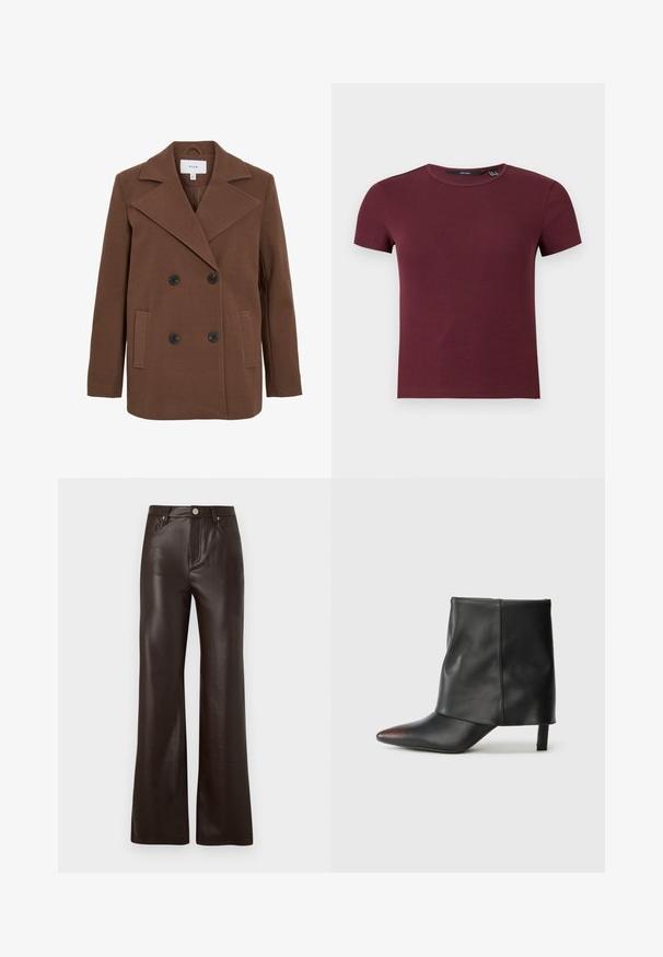 Manteau en mélange de laine marron à double boutonnage avec grands revers, boutons noirs, poches latérales et coupe légèrement oversize. Texture lisse.; Crop top à manches courtes en maille côtelée col rond couleur bordeaux avec silhouette ajustée.; Vero Moda Wide-leg VMTESSA High rise - Pantalon classique - chocolate torte; Bottine noire en cuir lisse avec un bout pointu et un talon effilé. La tige présente un design légèrement froncé.