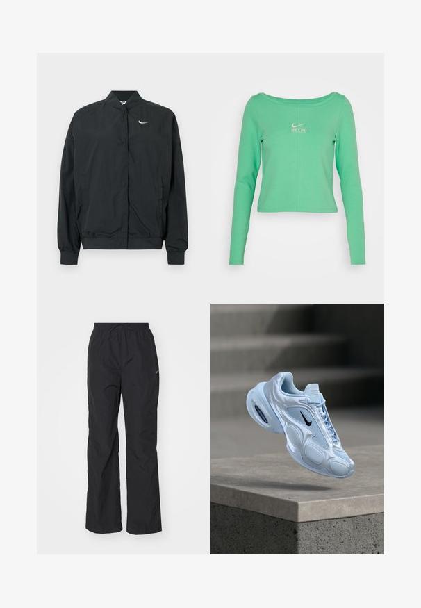 Μαύρο μπουφάν Nike με ελαφριά, απαλή υφή. Διαθέτει ψηλό γιακά, κλείσιμο με κουμπιά μπροστά και μικρό λευκό λογότυπο στο στήθος.; Μακρυμάνικο, cropped, ανοιξιάτικο πράσινο πουκάμισο κατασκευασμένο από απαλό βαμβάκι, με στρογγυλή λαιμόκοψη και λευκό λογότυπο Nike Air στο στήθος.; Μαύρο, ελαφρύ παντελόνι με ελαστική μέση και κορδόνι. Διαθέτει υφή και μικρό ανακλαστικό λογότυπο στο πλάι.; Αθλητικό παπούτσι ανοιχτού μπλε χρώματος με πάνελ από δίχτυ, στρογγυλεμένη σιλουέτα, υφή σε διάφορα σημεία και μαύρο λογότυπο. Διαθέτει ορατή αερόσολα στην σόλα.