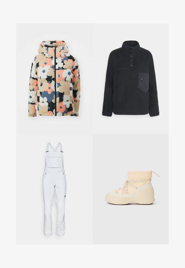 Veste à capuche matelassée avec imprimé floral multicolore, présentant de grandes fleurs beiges, noires, roses et bleu marine sur fond crème. Fermeture à glissière sur le devant, poches.; Pull-over en polaire noire avec un col montant, une patte de boutonnage à quatre boutons et une poche zippée sur la poitrine gauche. Présente des coutures contrastantes et une texture douce.; Salopette de ski blanche avec bretelles réglables et une poche zip sur le devant. Présente des zips sur les côtés et un logo triangulaire au bas de la jambe. Tissu lisse.; Bottines d'hiver imperméables matelassées beiges avec une semelle épaisse, des lacets sur le côté et un système de fermeture à cordon en haut.