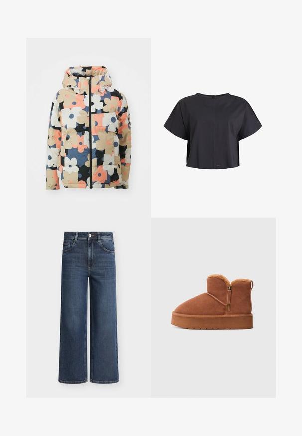Veste à capuche matelassée avec imprimé floral multicolore, présentant de grandes fleurs beiges, noires, roses et bleu marine sur fond crème. Fermeture à glissière sur le devant, poches.; T-shirt noir court en tissu doux, avec des manches courtes, un col rond et un détail de couture central à l'avant.; Jean en denim bleu foncé à jambes larges avec boutons et fermeture éclair à l'avant, passants pour ceinture, et poches avant sur fond uni.; Bottines en suède marron avec semelle plate-forme, fermeture éclair sur le côté et doublure en fourrure visible sur le bord supérieur.