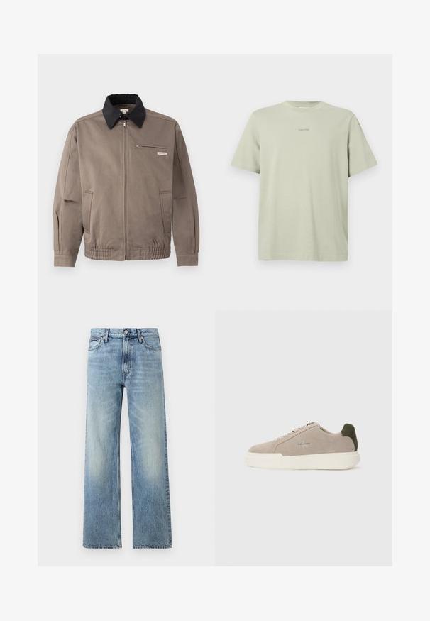 Veste grise avec un col noir, fermeture éclair sur le devant et une poche poitrine. Dispose de poignets et d'une taille élastiques, fabriquée en tissu durable.; T-shirt en coton vert clair avec un col rond, des manches courtes et un petit logo Calvin Klein imprimé en une teinte plus foncée sur la poitrine.; Jean droit en denim bleu clair avec taille haute, cinq poches, fermeture à boutons et léger délavage sur les cuisses et les genoux.; Baskets en suède beige avec une semelle en caoutchouc blanche, présentant un accent de talon vert foncé et une branding subtile sur le côté.