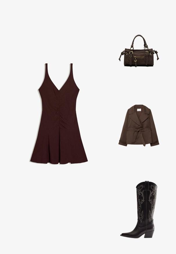 Veste en mélange de coton marron avec une double boutonnage à l'avant, des revers larges, des poches latérales et une ceinture à nouer. Texture lisse et coupe ajustée.; Robe marron foncé sans manches avec décolleté en V, corsage ajusté avec fronces centrales, et jupe évasée.; Botte de cowboy en cuir noir avec bout pointu, motifs décoratifs brodés et talon bloc empilé.; Sac à main en cuir marron foncé avec double poignée, poche avant zippée, boucles décoratives et nœuds latéraux sur fond blanc.