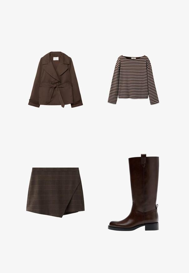 Veste en mélange de coton marron avec une double boutonnage à l'avant, des revers larges, des poches latérales et une ceinture à nouer. Texture lisse et coupe ajustée.; Chemise marron à manches longues avec des rayures horizontales blanches et un large col rond, présentée sur un fond blanc.; Jupe portefeuille à carreaux marron avec un design structuré, une ceinture insérée et un ourlet légèrement incliné, en tissu texturé.; Botte en cuir marron foncé montant jusqu'au genou avec un petit talon bloc, une languette de traction en haut et à l'arrière, et un bout arrondi, vue de profil.