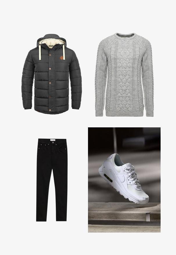 Veste noire matelassée avec capuche, dotée de cordons beiges, d'accents de boutons marron et d'une doublure intérieure douce de couleur crème.; Pull en maille grise avec des motifs en torsades, un col rond, des poignets et un ourlet côtelés. Tissu texturé avec une finition douce.; Jean skinny en denim noir avec une texture lisse, design à cinq poches, surpiqûres contrastantes et étiquette de taille de marque.; Sneaker Nike Air Max 90 blanche avec une tige en mesh et cuir, une boîte à orteils perforée et une unité air visible au talon.