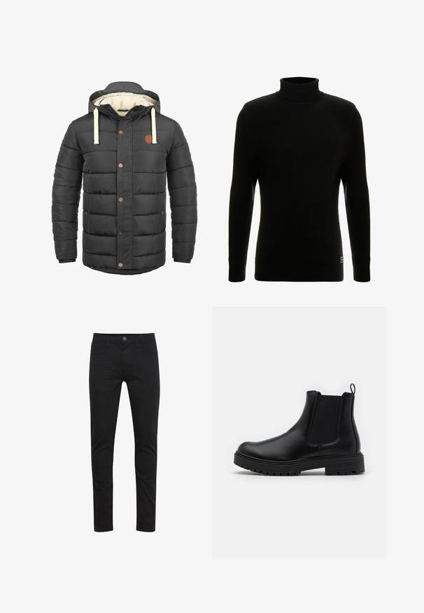 Veste noire matelassée avec capuche, dotée de cordons beiges, d'accents de boutons marron et d'une doublure intérieure douce de couleur crème.; Pull à col roulé noir avec des manches longues, texture côtelée, silhouette ajustée et petite étiquette de marque en bas à gauche.; Jean skinny noir en tissu léger, avec fermeture à boutons sur le devant, cinq poches et des détails de couture subtils.; Zign by Zalando LEATHER - Bottines - black