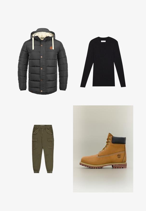 Veste noire matelassée avec capuche, dotée de cordons beiges, d'accents de boutons marron et d'une doublure intérieure douce de couleur crème.; Pier One by Zalando MUSCLE FIT KNITJUMPER - Pullover - black; Pantalon cargo vert olive en mélange de coton, avec une taille élastique, plusieurs poches avant et des poignets effilés aux chevilles.; Bottine en cuir marron avec col noir, lacets jaunes et semelle beige. Présente un logo et des détails de couture blanche. Semelle extérieure à traction robuste.