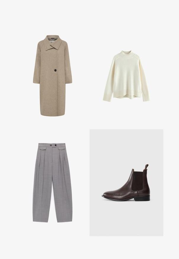 Beige uldfrakke med stor krave, enkelt knaplukning og trekvartlange ærmer. Glat tekstur med en struktureret form.; Cremefarvet sweater med ribbet høj hals, lange ærmer og en afslappet pasform. Struktureret strikstof og ribbestykke detalje i bunden.; Grå bukser med høj talje og løs pasform, med folder, to sorte knapper på taljebåndet og klapsdetaljer nær hofterne.; Mørkebrun læder Chelsea-støvle med sorte elastiske sidepaneler og en strop, lav hæl og rund tå på hvid baggrund.