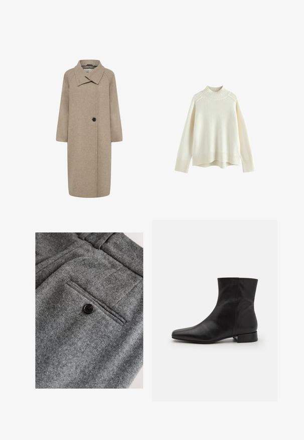 Beige uldfrakke med stor krave, enkelt knaplukning og trekvartlange ærmer. Glat tekstur med en struktureret form.; Cremefarvet sweater med ribbet høj hals, lange ærmer og en afslappet pasform. Struktureret strikstof og ribbestykke detalje i bunden.; Grå uldbukser med flad front, en enkelt baglomme med en sort knap og en blød, tekstureret finish.; Sort læder ankelstøvle med spids tå, glat tekstur, minimalistisk design og en lav blokhæl. Sidelukning går op til anklen.