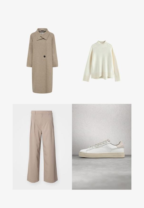 Manteau en laine beige avec un grand col, fermeture à un bouton, et manches trois-quarts. Texture lisse avec une forme structurée.; Pull crème avec un col montant côtelé, des manches longues et une coupe décontractée. Tissu tricoté texturé et détail côtelé en bas.; Pantalons larges beige avec des plis, en tissu lisse. Caractérisés par une taille mi-hauteur et une silhouette épurée et ajustée.; Sneaker en cuir blanc avec une finition lisse, accents en suède beige, bout arrondi, design à lacets plats et semelle en caoutchouc texturée.